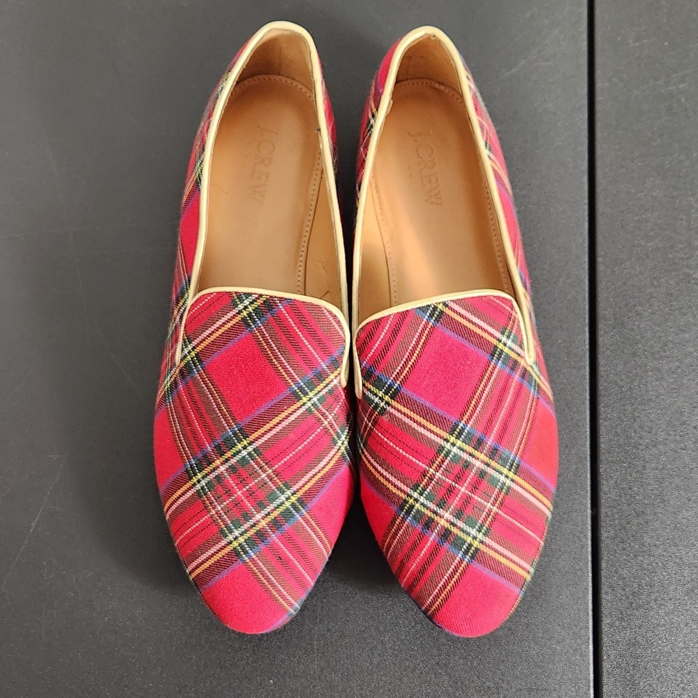 J.Crew Red Tartan Plaid Smoking Slippers Flats Size 9 Preppy Holiday Loafers